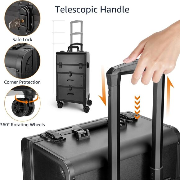 Rolling Makeup Train Case, Professional Cosmetology Case on Wheels, Aluminum Cos - Picture 4 of 7